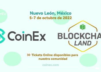 Logos del exchange CoinEx y del evento Blockchain Land 2022.