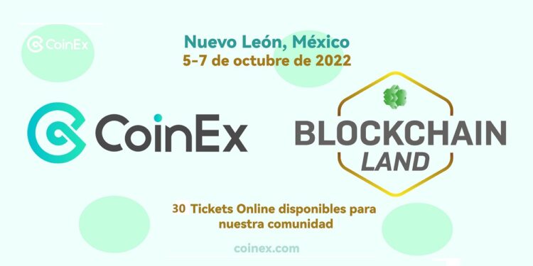 Logos del exchange CoinEx y del evento Blockchain Land 2022.