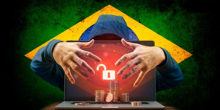 Hacker robando criptomonedas acompañado con a bandera de Brasil.