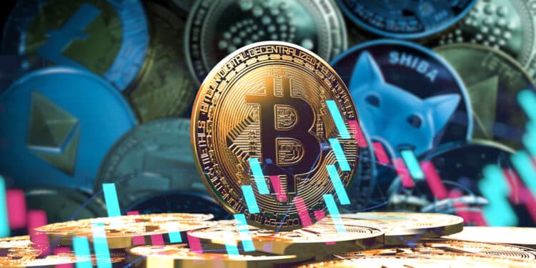 Bitcoin junto a otras criptomonedas con un gráfico en subida.