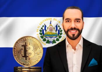 Bukele junto a un bitcoin acompañados de la bandera de El Salvador.