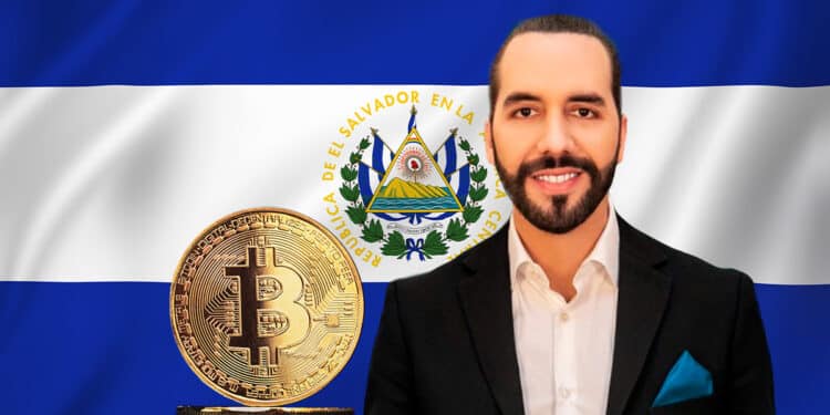 Bukele junto a un bitcoin acompañados de la bandera de El Salvador.
