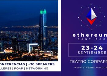 Foto de la ciudad de Santiago de Chile junto a cartel del evento Ethereum Santiago.