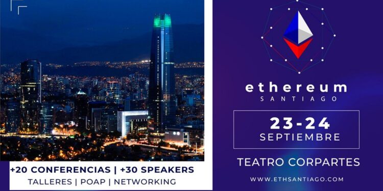 Foto de la ciudad de Santiago de Chile junto a cartel del evento Ethereum Santiago.