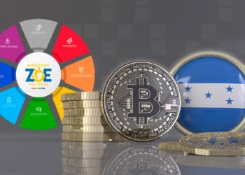 Bitcoin junto a bandera de Honduras y logo de Generación ZOE.