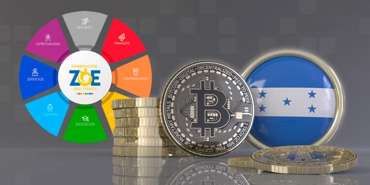 Bitcoin junto a bandera de Honduras y logo de Generación ZOE.