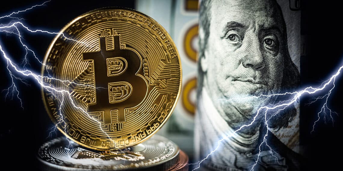 Bitcoin junto a dolar acompañado de unos lightning.