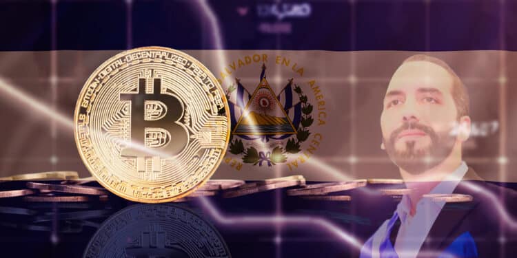 Bitcoin junto a bandera de El Salvador y Nayib Bukele.