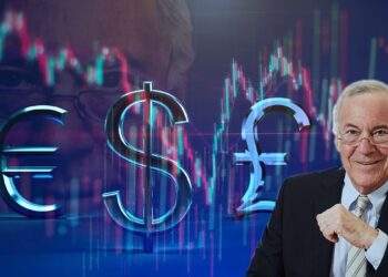Steve Hanke en frente de simbolos del dólar euro y libra con gráfico de precio superpuesto