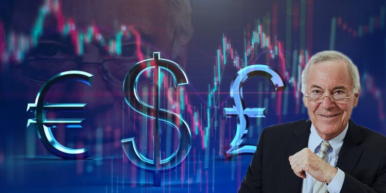 Steve Hanke en frente de simbolos del dólar euro y libra con gráfico de precio superpuesto
