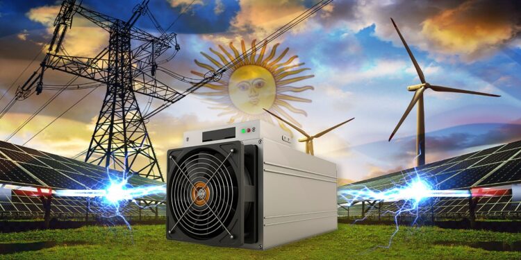 minero asic con plantas de energía electrica, bandera de arentina y electricidad en el fondo