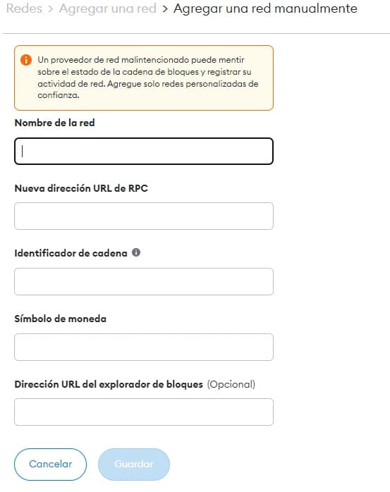 llenar formulario para agregar manualmente una red a metamask