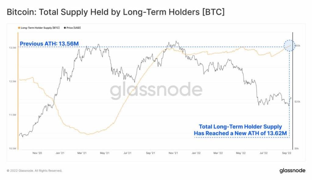 aráfico muestra el suministro total de bitcoin mantenido por los holders de largo plazo en contraste con el precio de bitcoin en paridad con el dolar