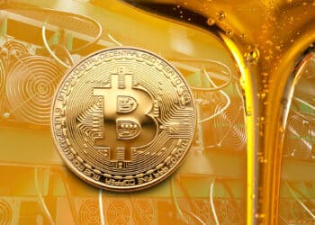 Bitcoin junto a un chorro de aceite de cocina acompañado de unos mineros.