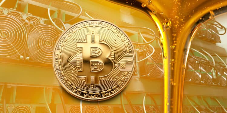 Bitcoin junto a un chorro de aceite de cocina acompañado de unos mineros.