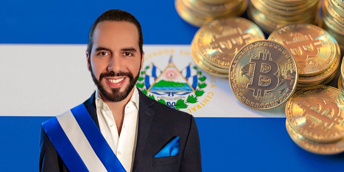 Nayib Bukele junto a bitcoin y la bandera de El Salvador.