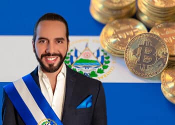 Nayib Bukele junto a bitcoin y la bandera de El Salvador.