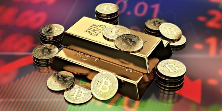 monedas de bitcoin sobre lingotes de oro en mesa con gráfico de crisis proyectado