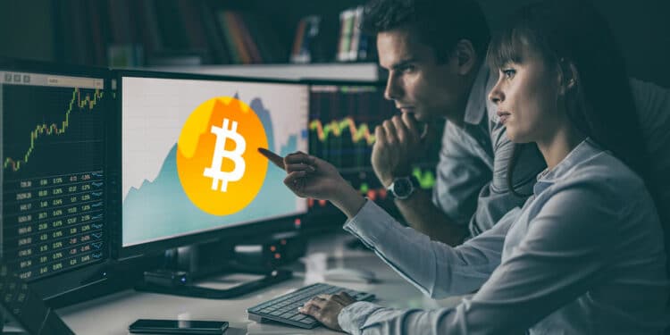 Traders mirando btc en pantalla