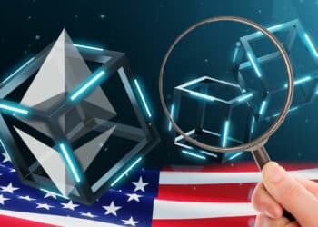 Blockchain de Ethereum con bandera de EEUU y lupa