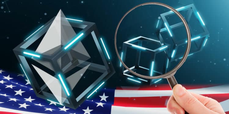 Blockchain de Ethereum con bandera de EEUU y lupa