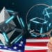 Blockchain de Ethereum con bandera de EEUU y lupa