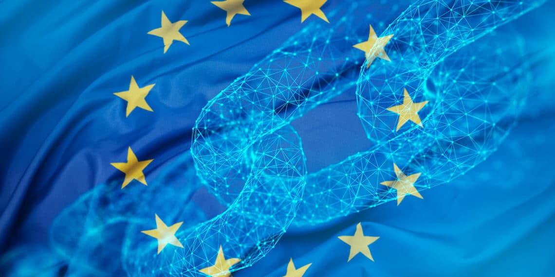 Blockchain y bandera de la Unión Europea