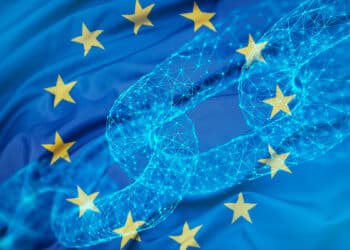 Blockchain y bandera de la Unión Europea