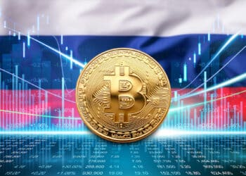 Bolsa de valores con bandera de Rusia y BTC