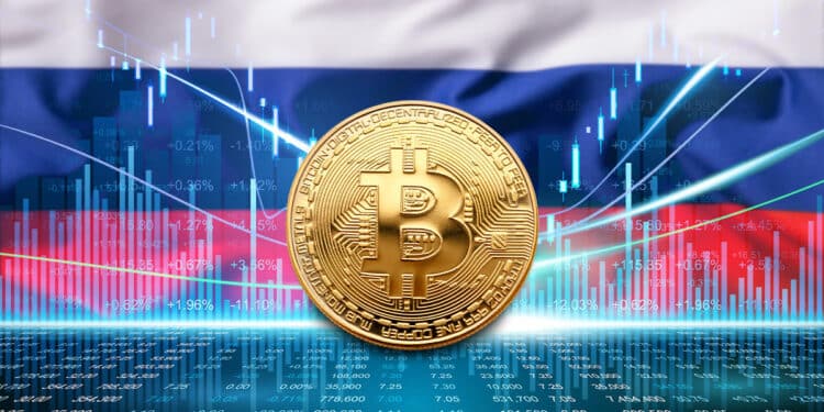 Bolsa de valores con bandera de Rusia y BTC