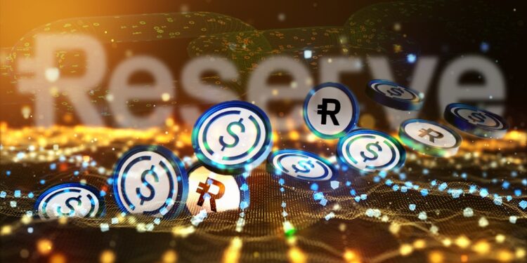 stablecoins de dólar junto a tokens de reserve en medio digital con logo de Reserve y blockchain en el fondo
