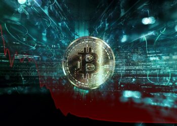 moneda de bitcoin sobre gráfico descendiente en rojo con mineros asic en el fondo