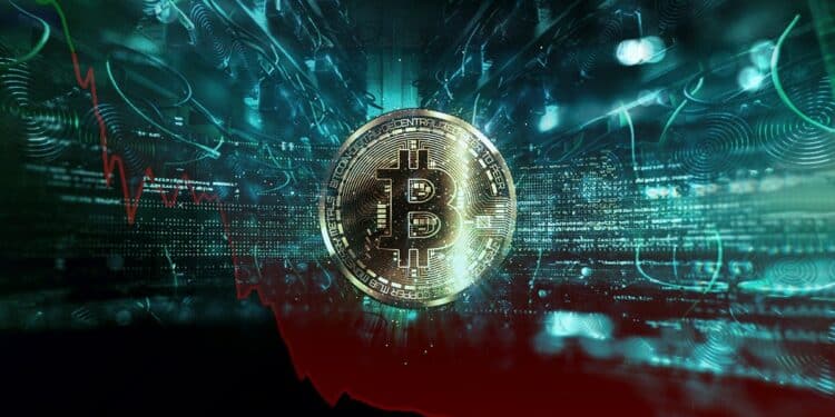 moneda de bitcoin sobre gráfico descendiente en rojo con mineros asic en el fondo