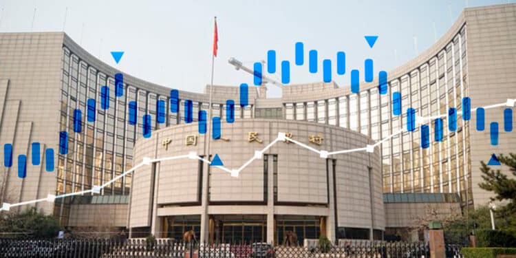 Banco estatal de China junto a gráficos que representa la compra de acciones.