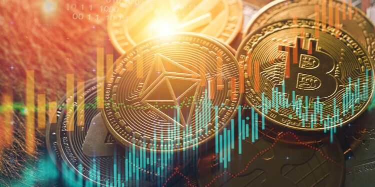 moneda de Ethereum junto a moneda de Bitcoin sobre monedas con gráficos de precio superpuestos