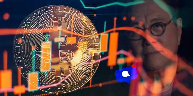 moneda de bitcoin con gráfico bajista superpuesto con robert Kiyosaki en el fondo y notificación de chat