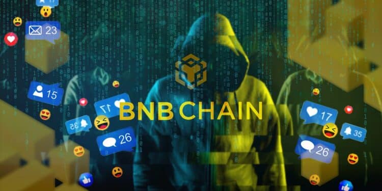logo de BNB Chain junto a reacciones en redes sobre hackers co código y bloques superpuestos