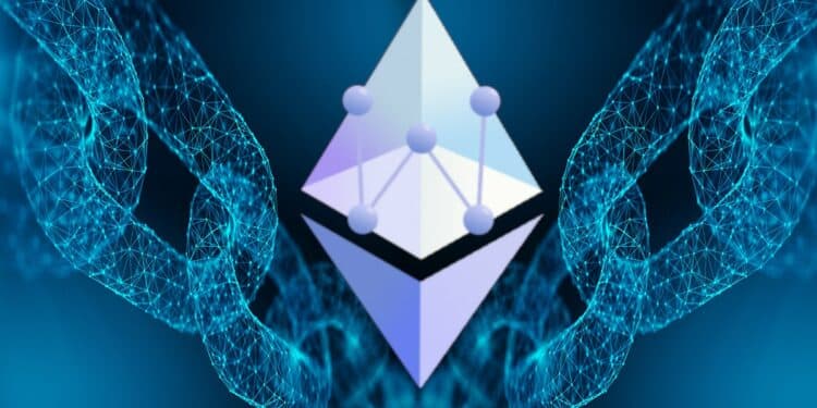 cadenas digitales dividiendose con logo de Ethereum Pow en el centro