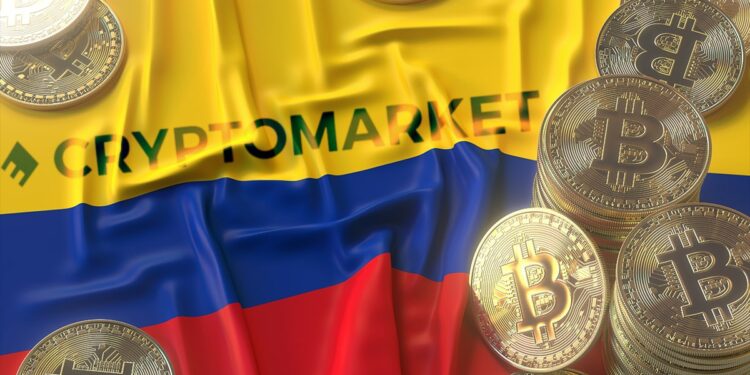 logo de CryptoMarket sobre bandera de Colombia con monedas de bitcoin