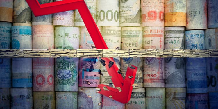 Flecha roja rompe el piso y fondo de monedas nacionales