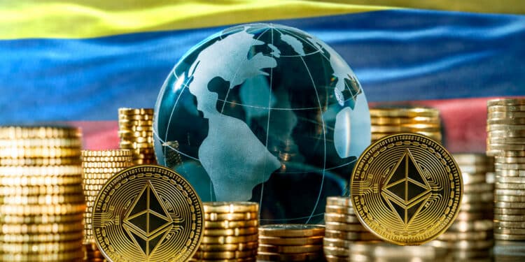 Latinoamerica con bandera de Colombia al fondo y pilas de ethers
