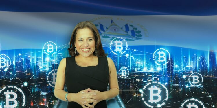 Ministra de Turismo de El Salvador, Morena Valdez con ciudad digital, cadena de bitcoin y bandera de El Salvador en el fondo