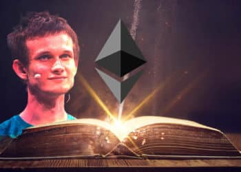 Buterin con libro y logo de Ethereum