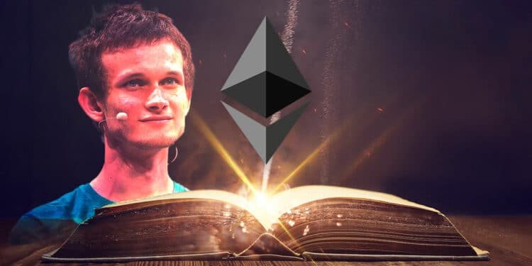 Buterin con libro y logo de Ethereum