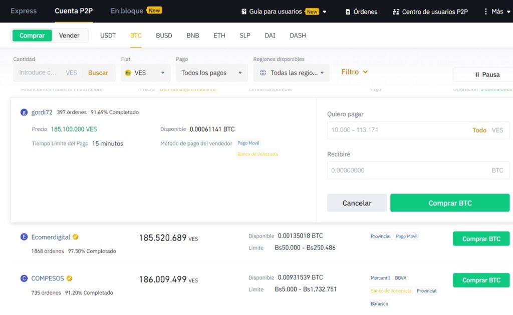 aplicar filtros para las ofertas dentro de Binance p2p
