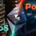 monedas comparadas con equipos de minería con logo de ethereum superpuesto