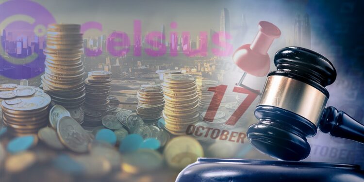 martillo de subasta con monedas y bienes apilados con logo de celsius y calendario marcando 17 de octubre en el fondo