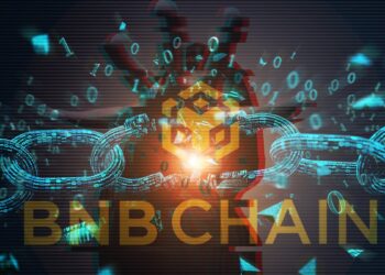 logo de BNB Chain sobre cadena digital rompiendose con hacker proyectando su mano sobre la cadena