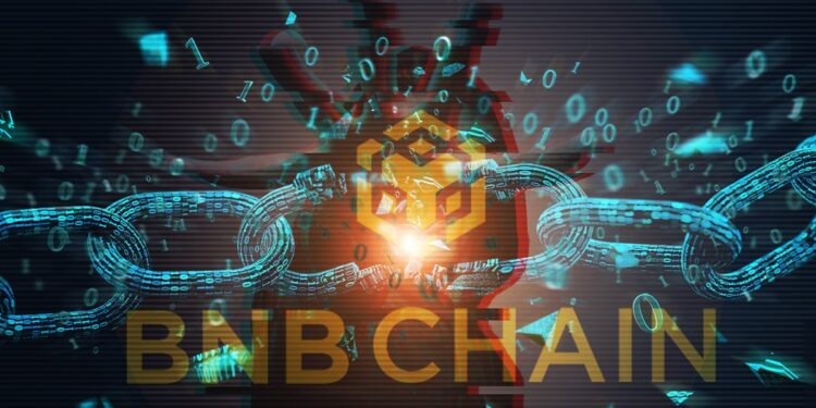 logo de BNB Chain sobre cadena digital rompiendose con hacker proyectando su mano sobre la cadena