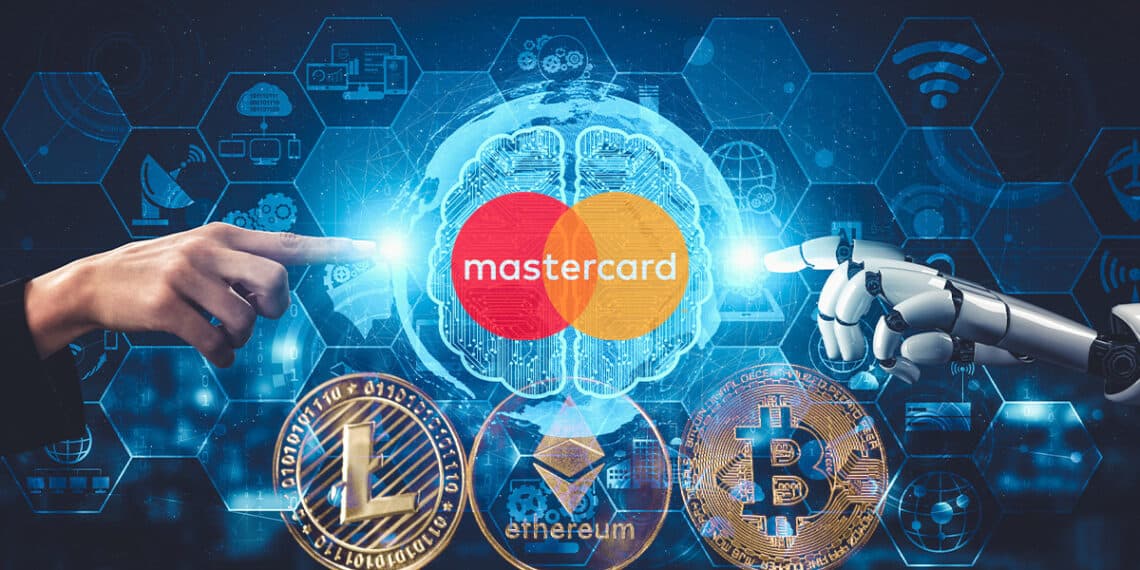 Inteligencia artificial junto a logo de martercard y criptomonedas.